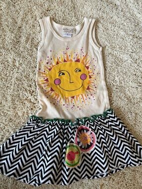Misha Cream Tank Dress with Yellow Sun and Black Chevron Skirt